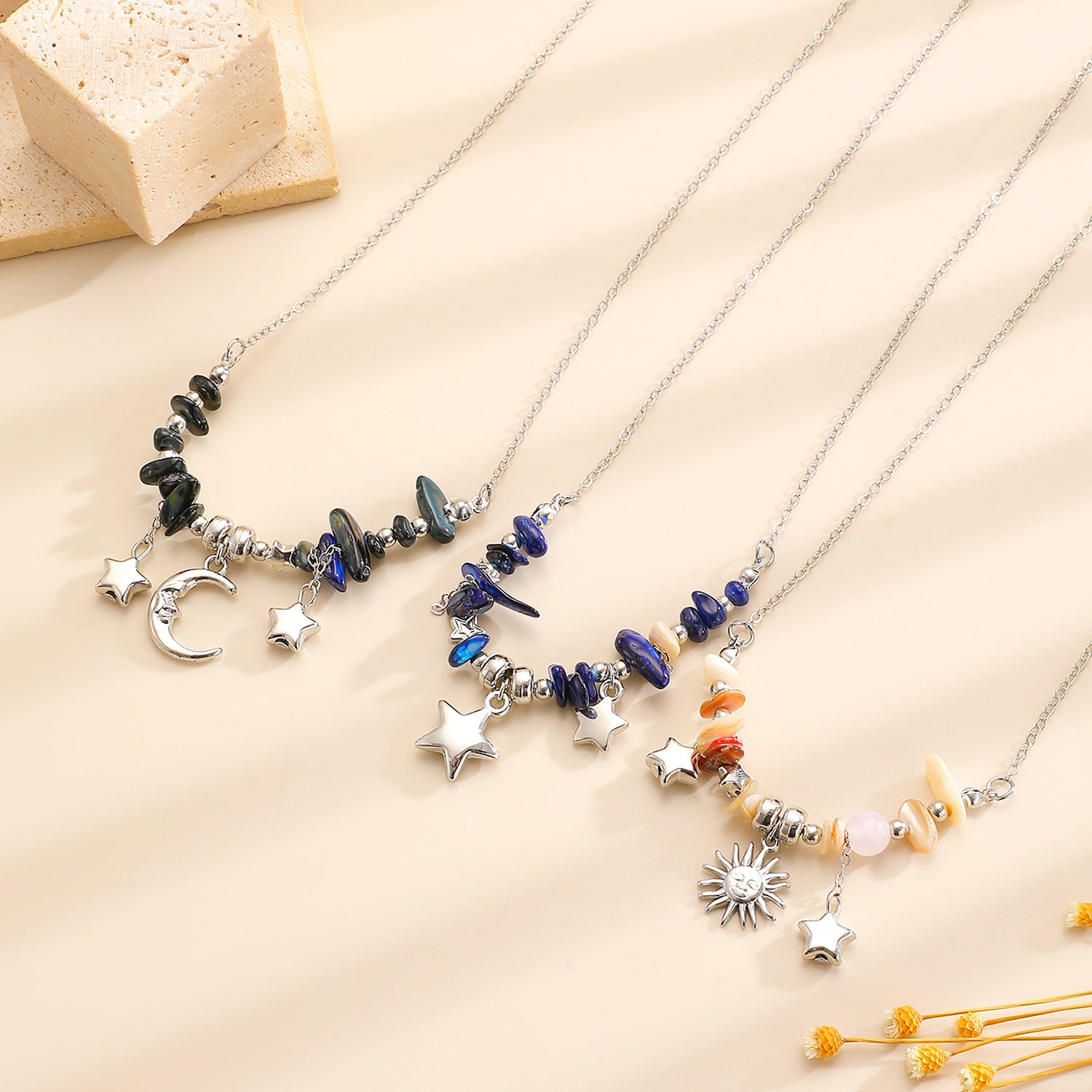 Wholesale Zinc alloy pebble beaded star moon and sun pendant necklace