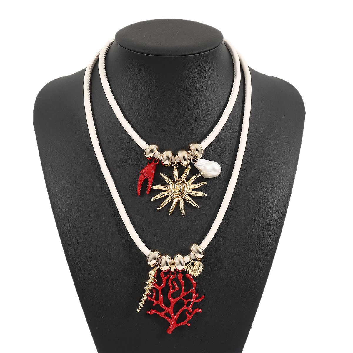 Wholesale Exaggerated Blood Coral Branch Sun Pendant Bohemian Leather Rope Necklace