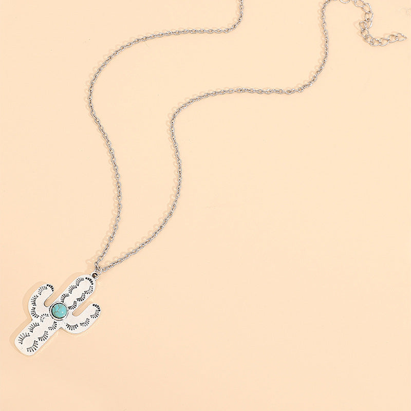 Wholesale Cactus Turquoise Bohemian Pendant Necklace Silver Tone Collarbone Chain Fashion Jewelry Gift
