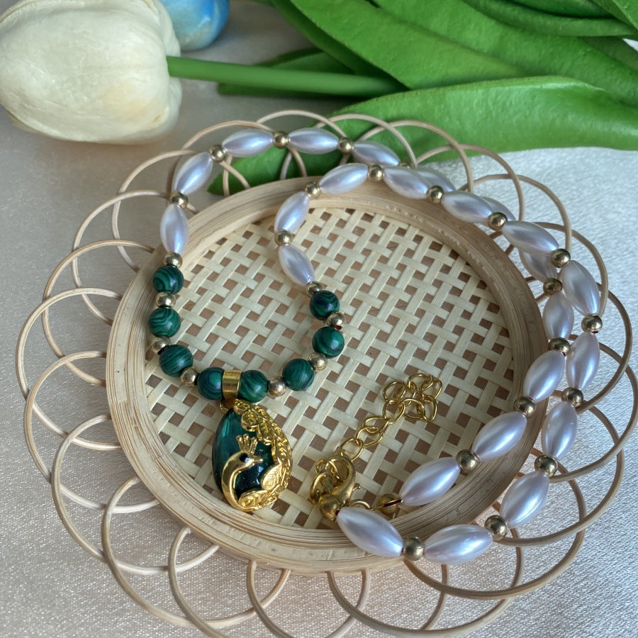 Wholesale  natural pearl peacock green crystal pendant necklace