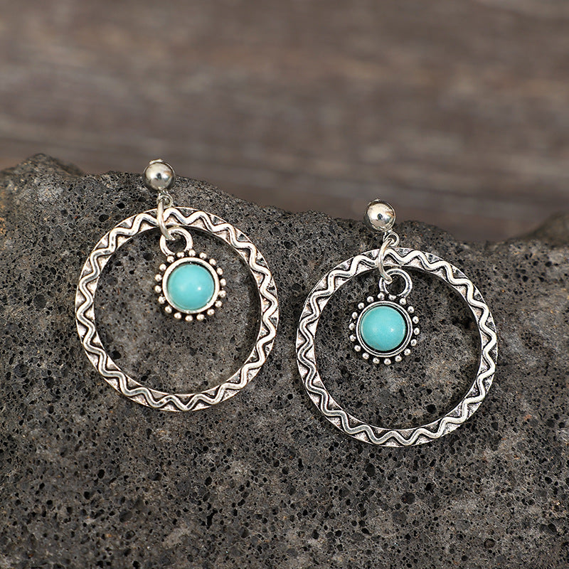 Wholesale retro round hollow inlaid turquoise fashion pendant earrings