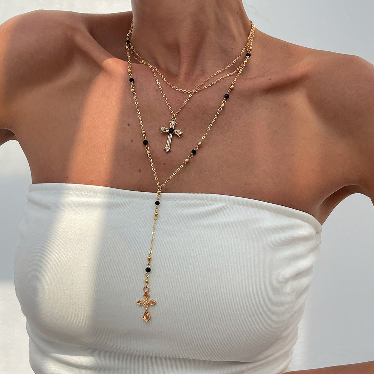 Wholesale Stylish Layered Cross Pendant Necklace With Tassel Rhinestone Gold Tone Alloy Electroplated Fashion Jewelry Accessory For Resale