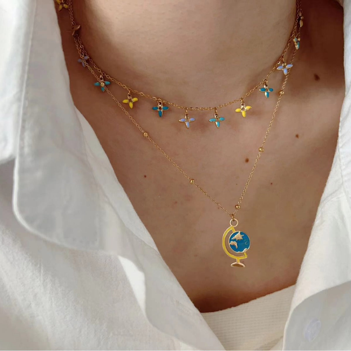 Wholesale  Devil's Eye Pendant Gold Chain Stainless Steel Gold Plated Planet  Necklace