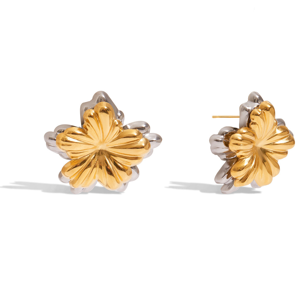 Wholesale 18K Gold and Stainless Steel Gold and Silver Flower Front and Back Earrings
