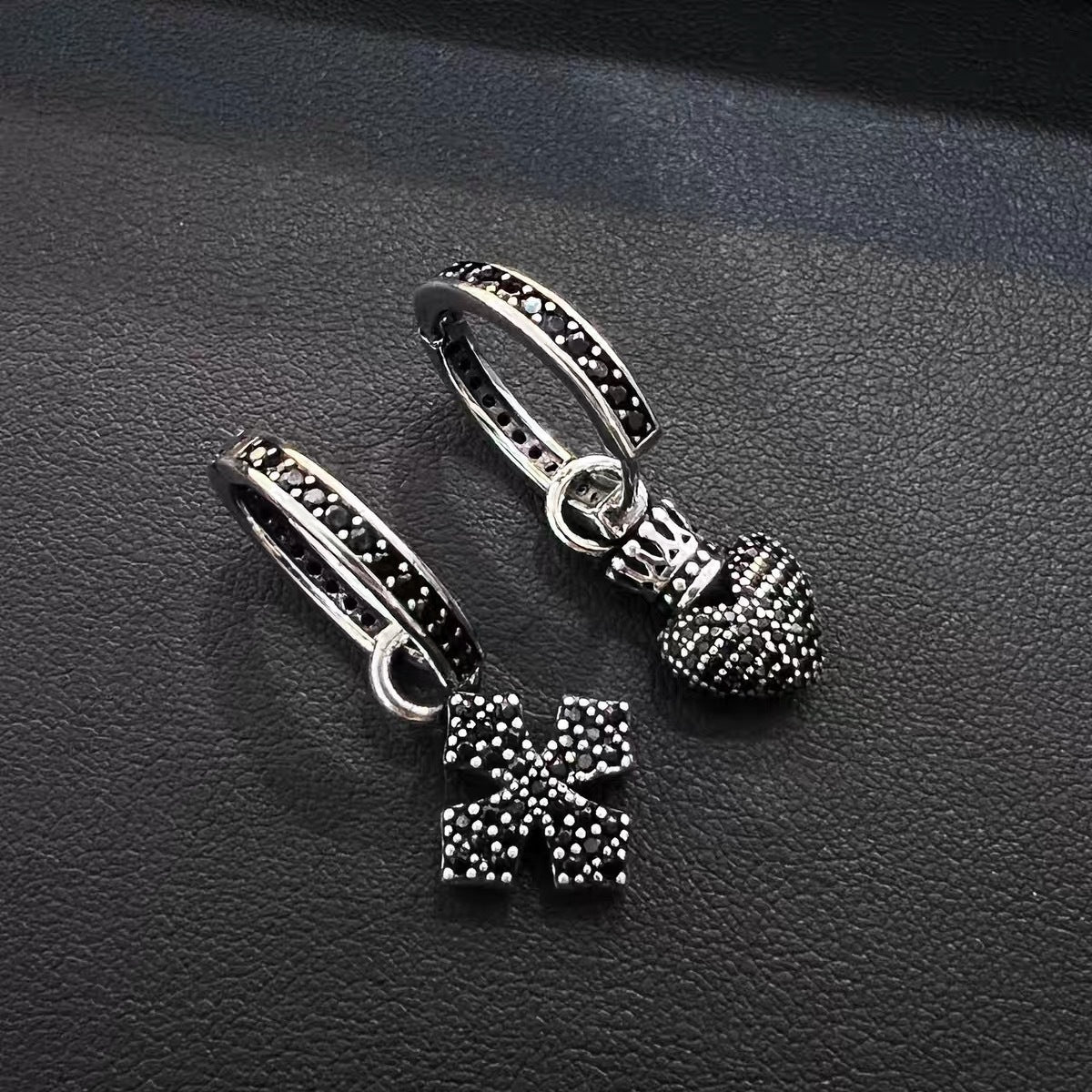 Wholesale Vintage Black Zircon Cross Crown Love Asymmetrical Earrings