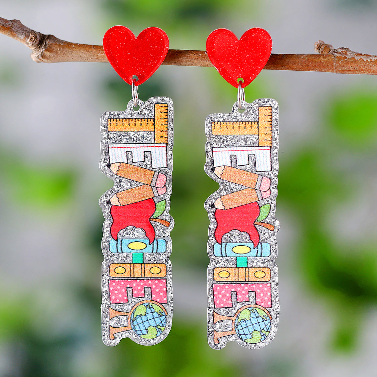 Wholesale Sequin Apple Book Ruler Rainbow Pendant Acrylic Earrings