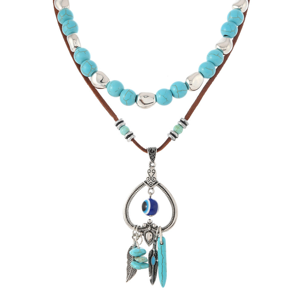 Wholesale Handmade Beaded Turquoise Necklace Bohemian Vintage Ethnic Double Layer Pendant Long Chain Jewelry Accessory 2 Piece Set