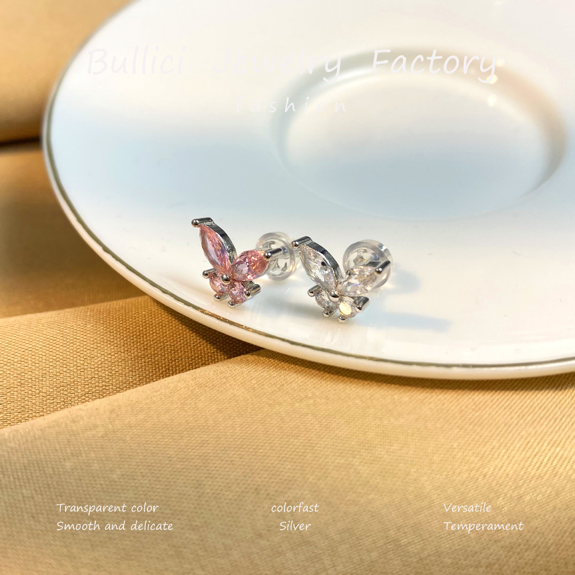 Wholesale  S925 Sterling Silver Earrings Pink Diamond Butterfly Style Earrings