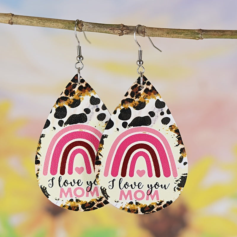 Wholesale Mother's Day MAMA Rainbow Bridge Leopard Print Spotted Sunflower Leather Earrings