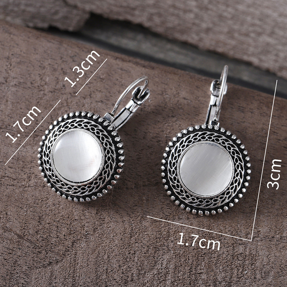 Wholesale Bohemian Retro Oval Jeweled Earrings Blue Electroplated Zinc Alloy Pair Trendy Party Gift And Boutique Resale Accessory