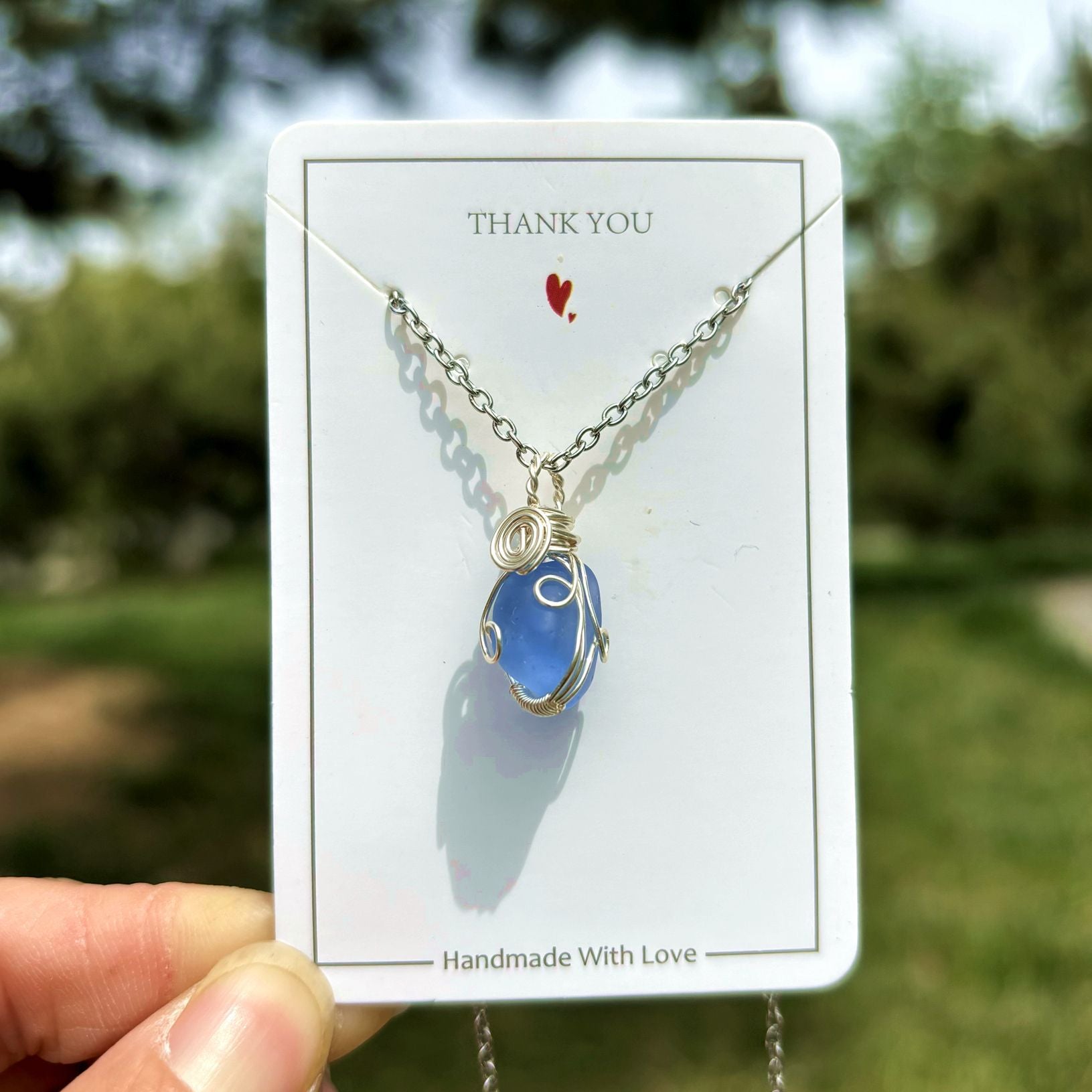 Wholesale Hand Wound Sea Glass Blue Necklace Pendant Crystal Natural Stone Crystal Mesh Bag ACC-NE-RongGuan012