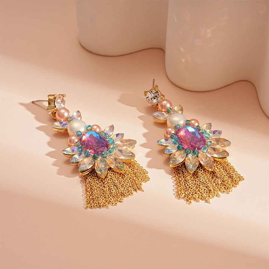 Wholesale Vintage Diamond Pearl Oval Flower Silver Needle Earrings