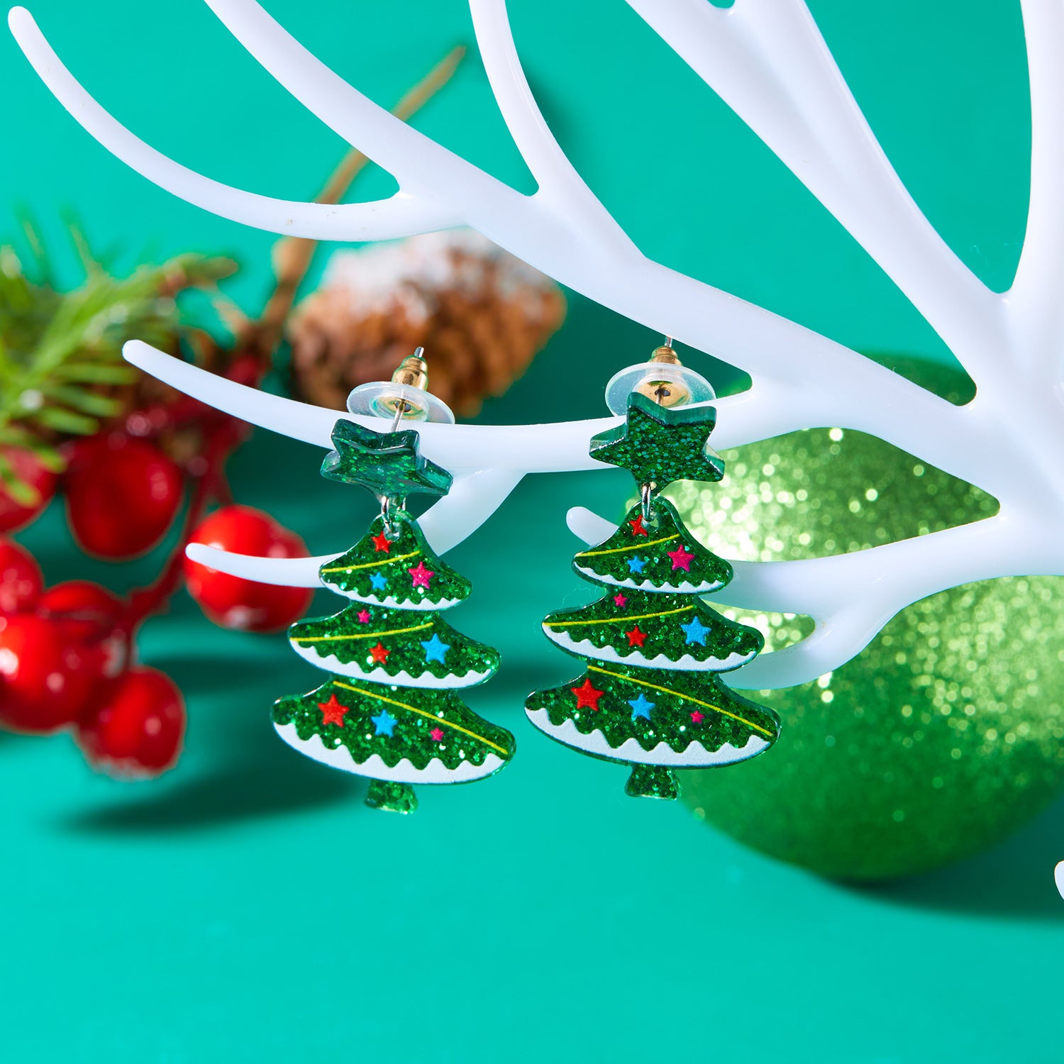 Wholesale  sparkling printed earrings  green Christmas tree five-pointed star acrylic earrings