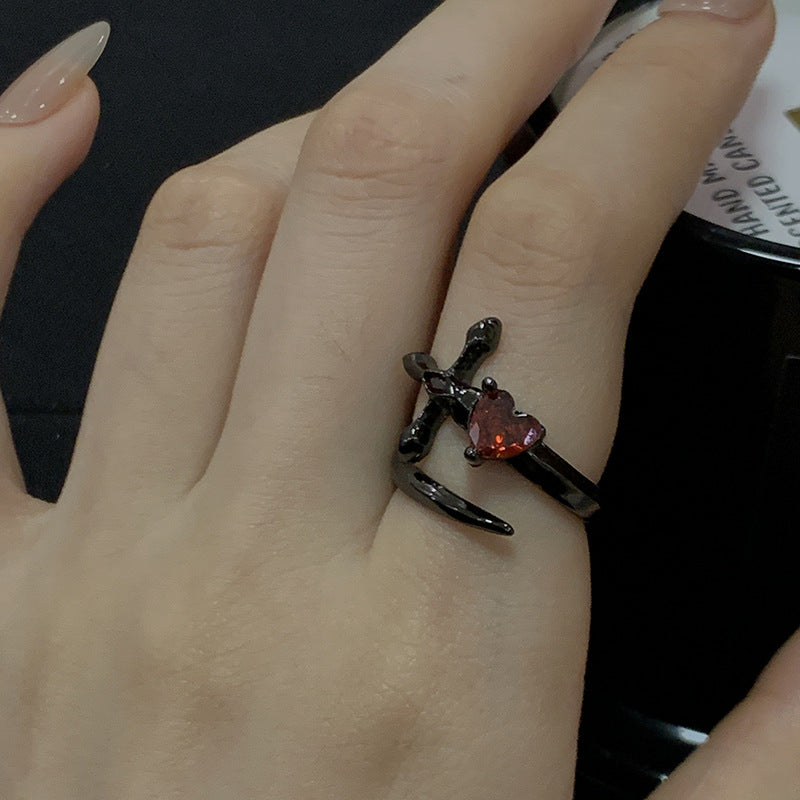 Wholesale Cross Dark Red Zircon Open Heart Rings ACC-RS-JiuHao022