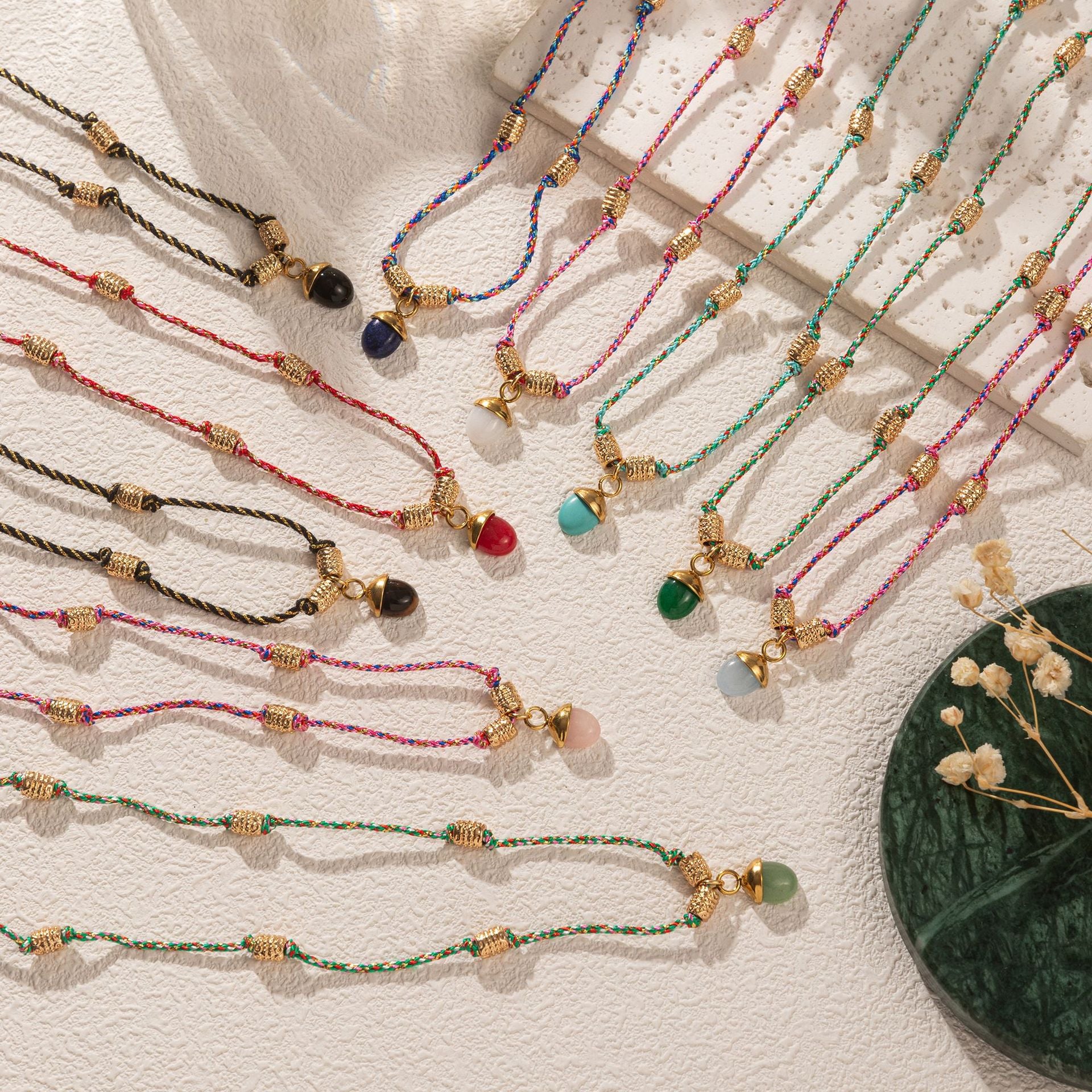 Wholesale Titanium Steel Necklace Half Circle Natural Stone Acorn Pine Cone Pendant