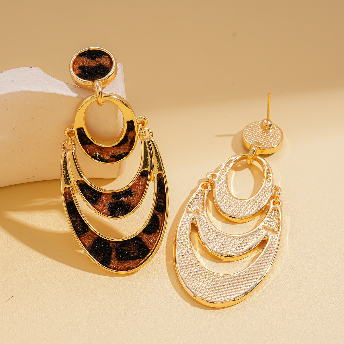 Wholesale Leopard Print Faux Horsehair Multi-Layer Hollow Round Earrings - Trendy Alloy Electroplated Jewelry Gift for Women