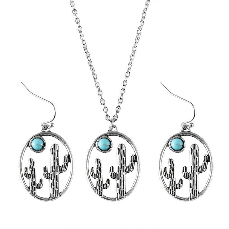 Wholesale Creative hollow cactus geometric oval earrings necklace
