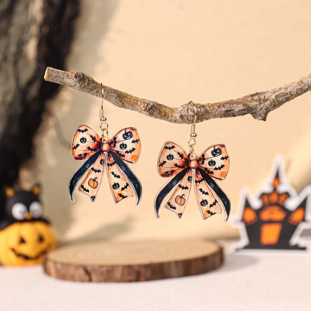 Wholesale Halloween Gothic Acrylic Evil Pumpkin Bow Earrings