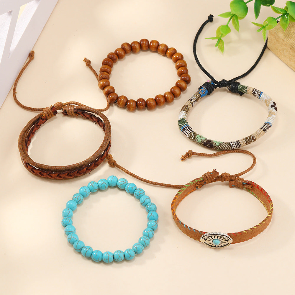 Wholesale Bohemian Flower Style Turquoise Beaded Wooden Beads Five-piece Bracelet
