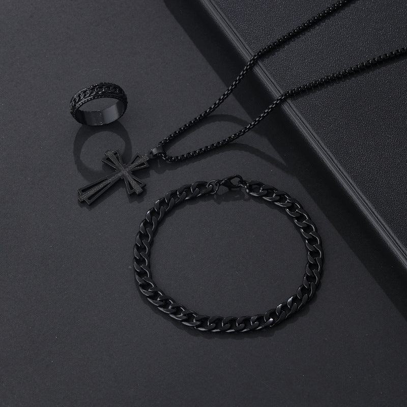 Wholesale Stylish Black Cross Crown Roman Numeral 3 Piece Jewelry Set Necklace Bracelet Ring Fashion Accessory Gift
