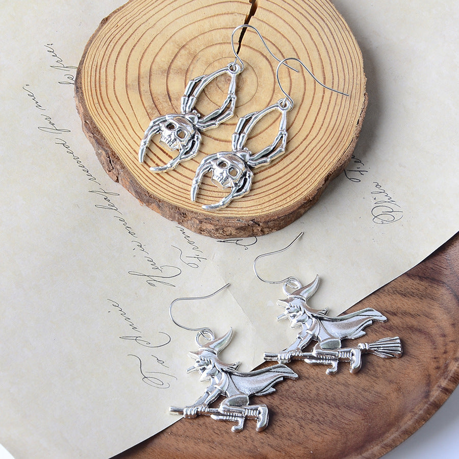 Wholesale Vintage  Skull  Witch Broom Pendant Earrings Zinc Alloy Jewelry Accessory For Party Wear