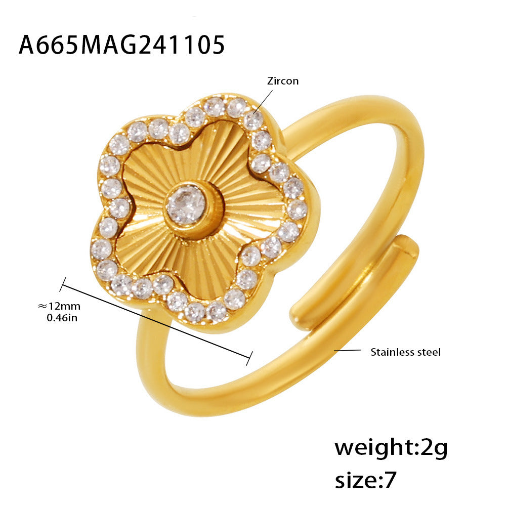 Wholesale Stainless steel micro-inlaid zircon love five-leaf flower ring