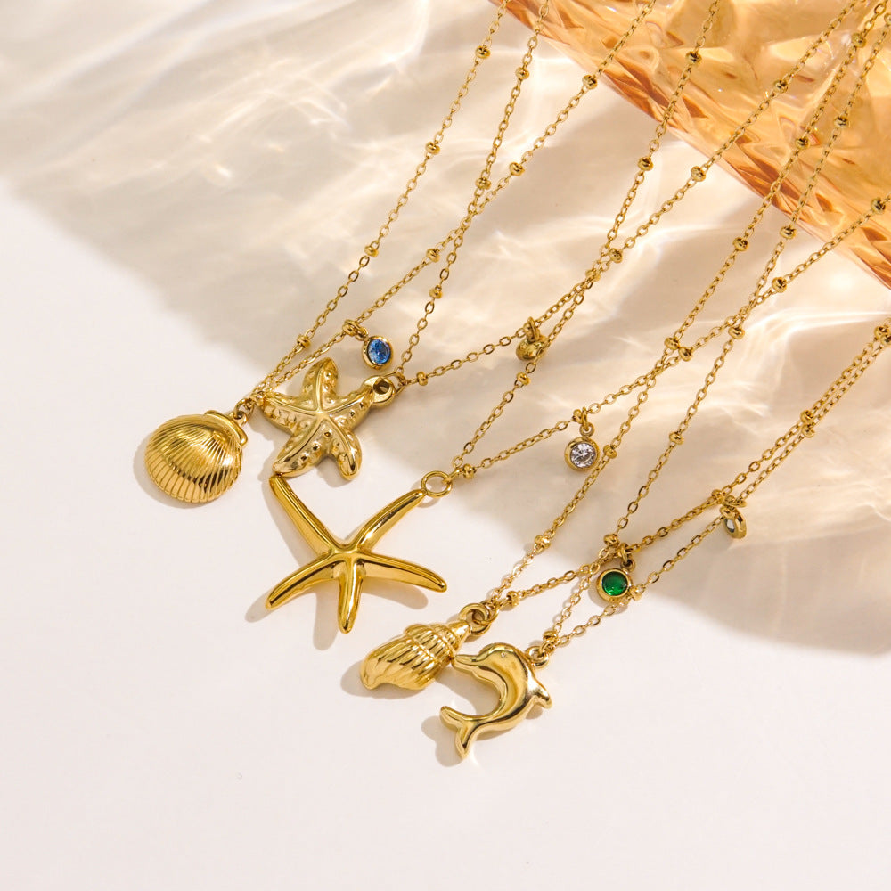 Wholesale Stainless steel Summer Beach Wind Niche Starfish Dolphin Conch Shell Necklaces