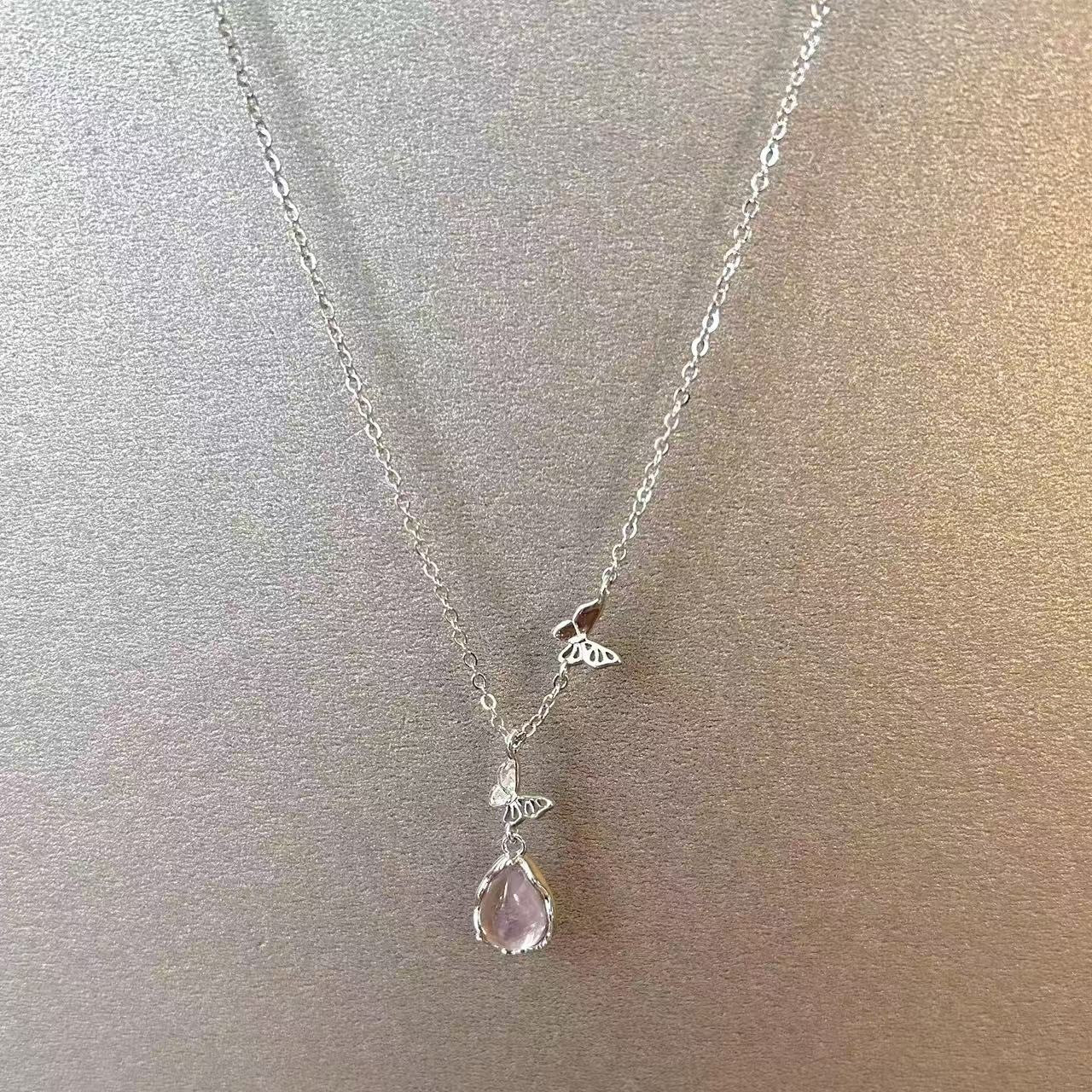 Wholesale Pink Water Drop Butterfly Necklace Alloy Glass Pendant Fashion Jewelry Accessory Gift