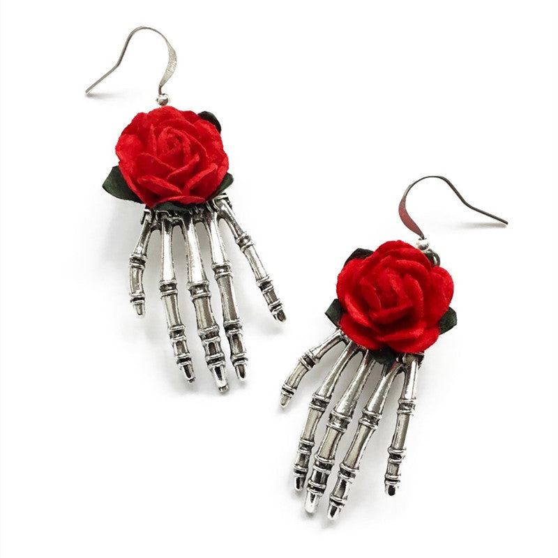 Wholesale Goth Theme Skeleton Hand Red Rose Handmade Earrings ACC-ES-Juna002