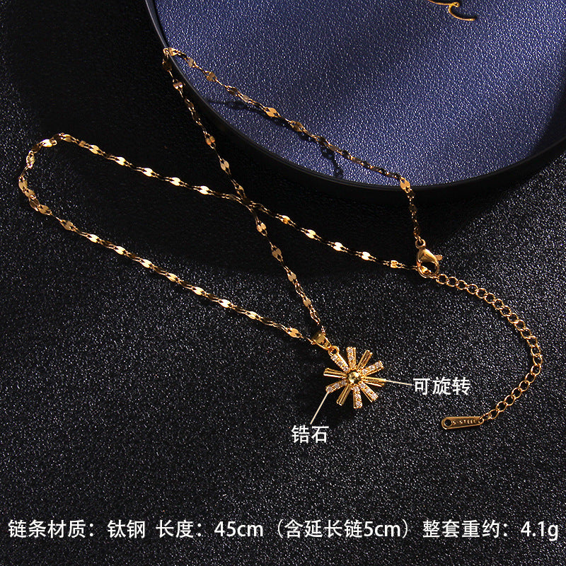 Wholesale Zircon Rotating Four Leaf Clover Flower Pendant Titanium Steel Necklace ACC-NE-Rongc006
