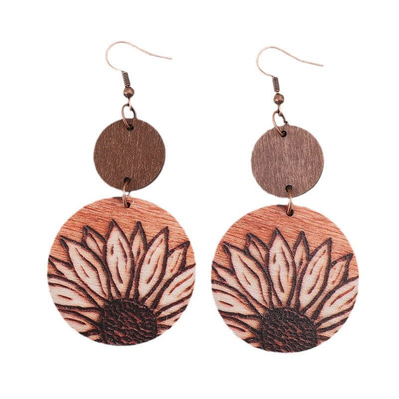 Wholesale Retro Bohemian Printed Flower Wooden Earrings Fashion Accessory
