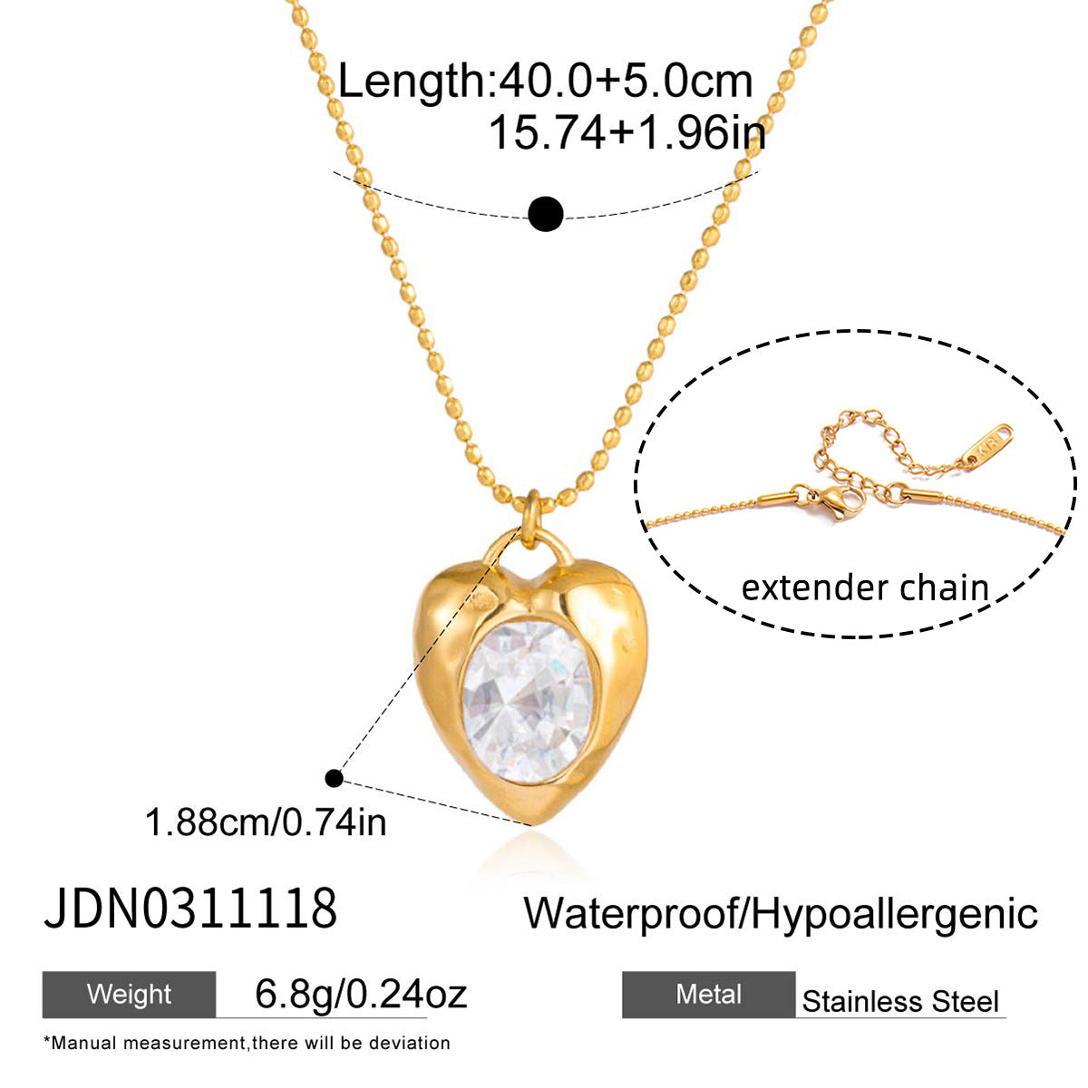 Wholesale Stainless steel heart-shaped necklace with zircon stones