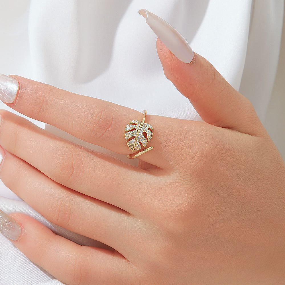 Wholesale Gold Plated Copper Open Ring With Zircon Leaf Design Trendy Women S Jewelry Accessory