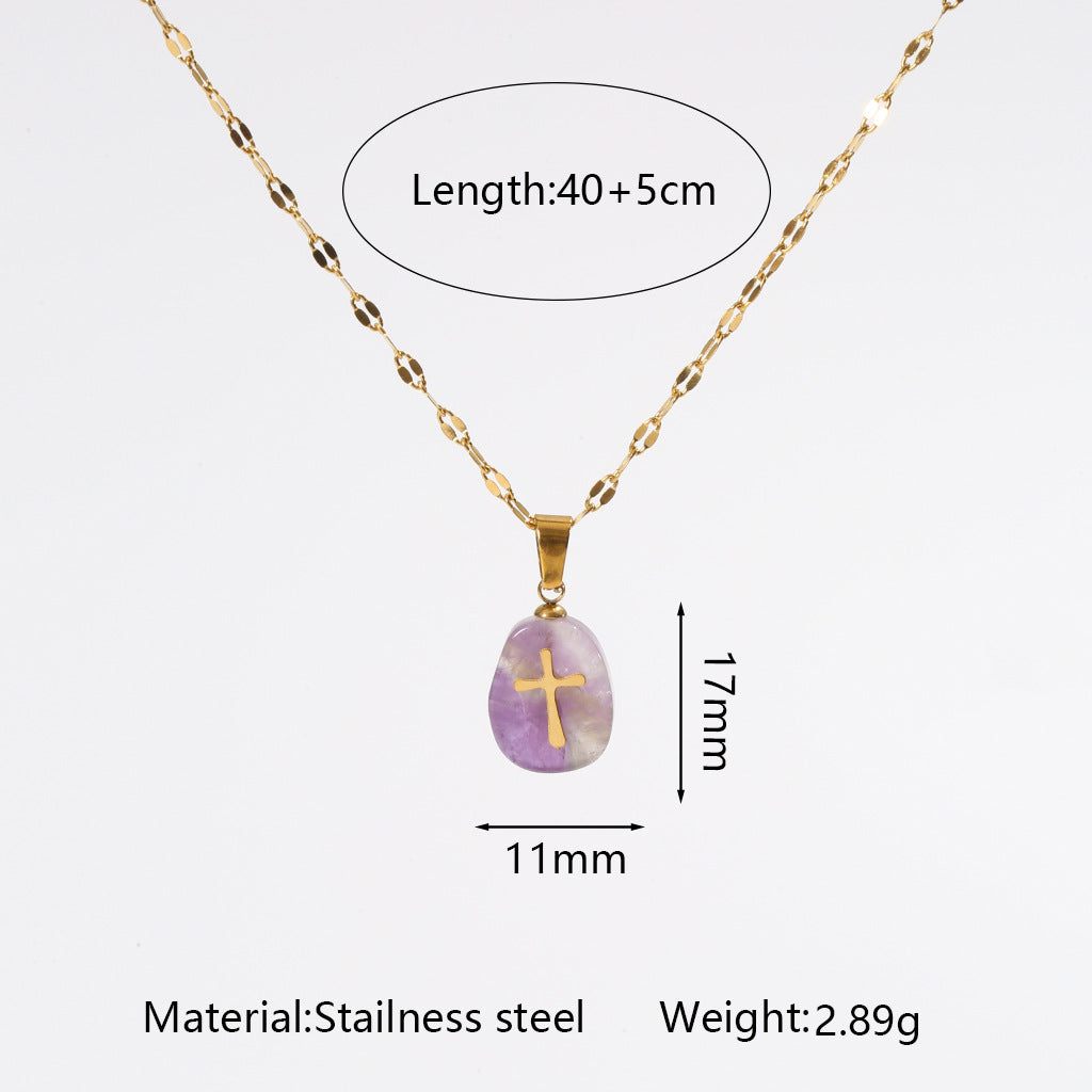 Wholesale Light Luxury Cross Pendant Necklace with Natural Stone,  Stainless Steel Handmade Chain,  Fashion Jewelry Accessory