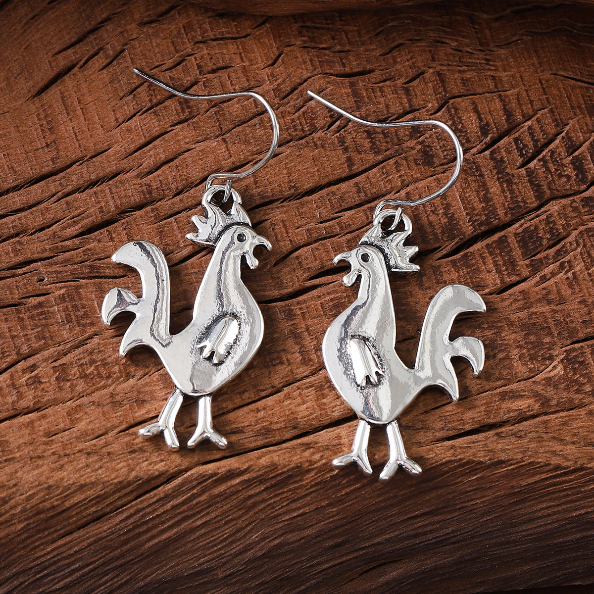 Wholesale Vintage Rooster Pendant Earrings,  Zinc Alloy Ancient Silver Pair,  Trendy Animal Jewelry for Women Party Gift