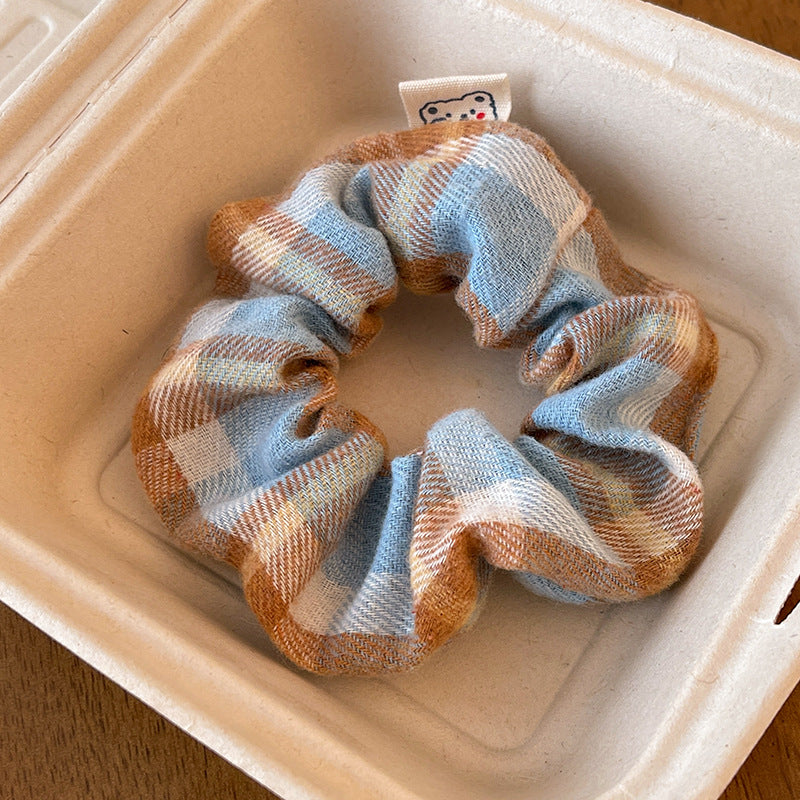 Wholesale Sweet College Style Milk Blue Plaid Lace Scrunchie With Cream Bow Fashion Hair Accessory For Boutique Resale