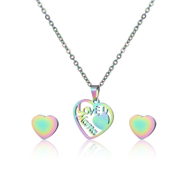 Wholesale Heart Shape MAMA Mother's Day Stainless Steel Earrings Necklace Set ACC-ES-MinM011