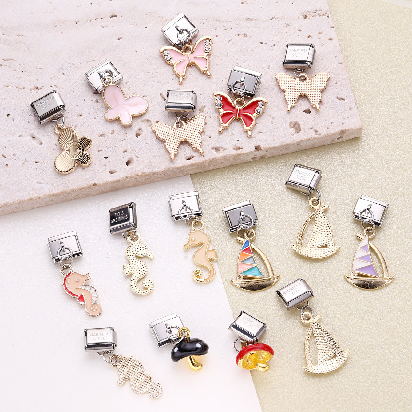 Wholesale 10pcs Italian Charm Bracelet 9mm DIY Splicing Butterfly Sailboat Seahorse Stainless Steel Composable Bracelet