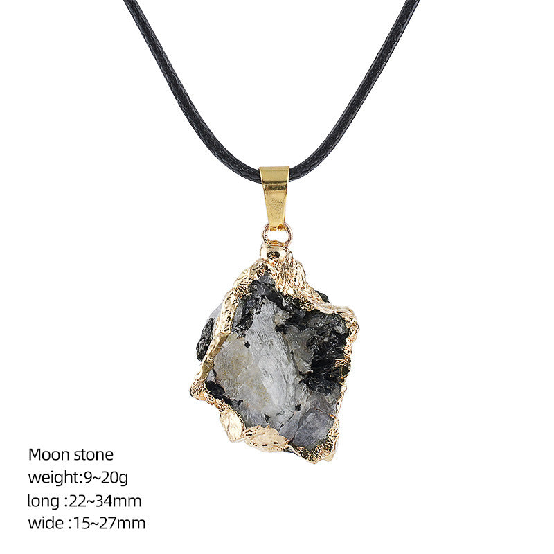 Wholesale Natural Crystal Raw Stone Pendant Necklace with Leather Rope Chain Irregular Hand-Hammered Electroplated Fashion Jewelry