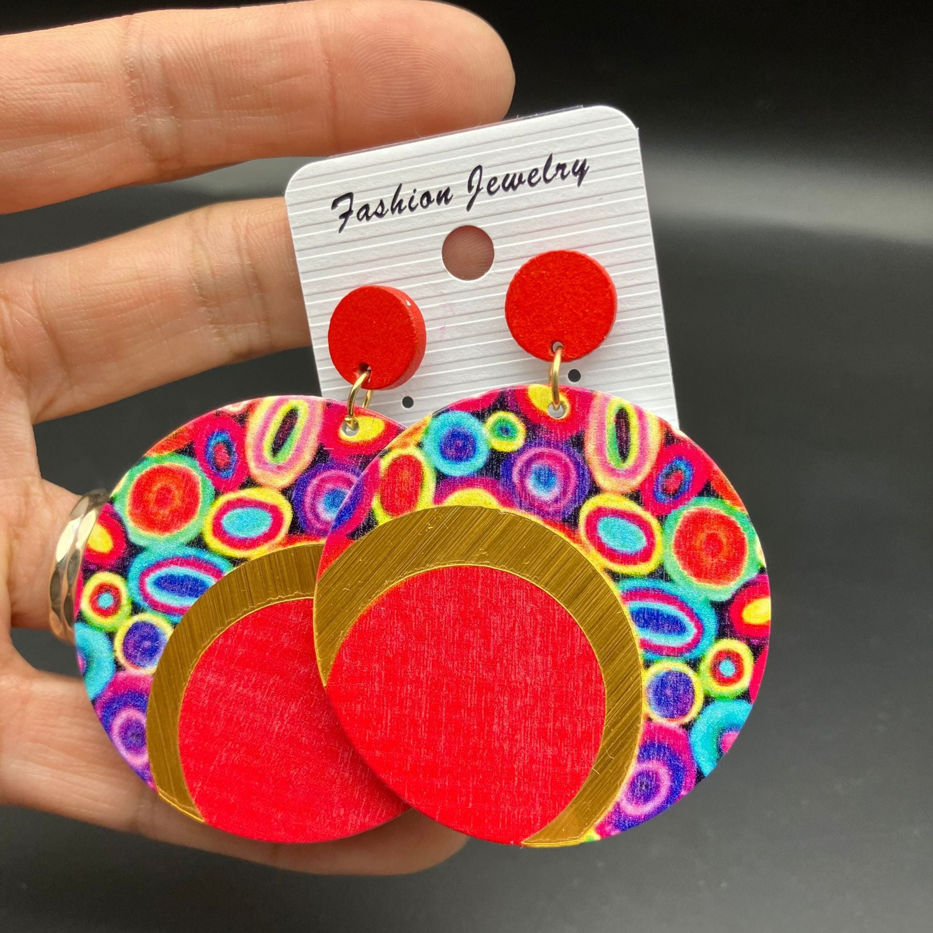 Wholesale Wooden Printed Round Colorful Large Earrings ACC-ES-FX016