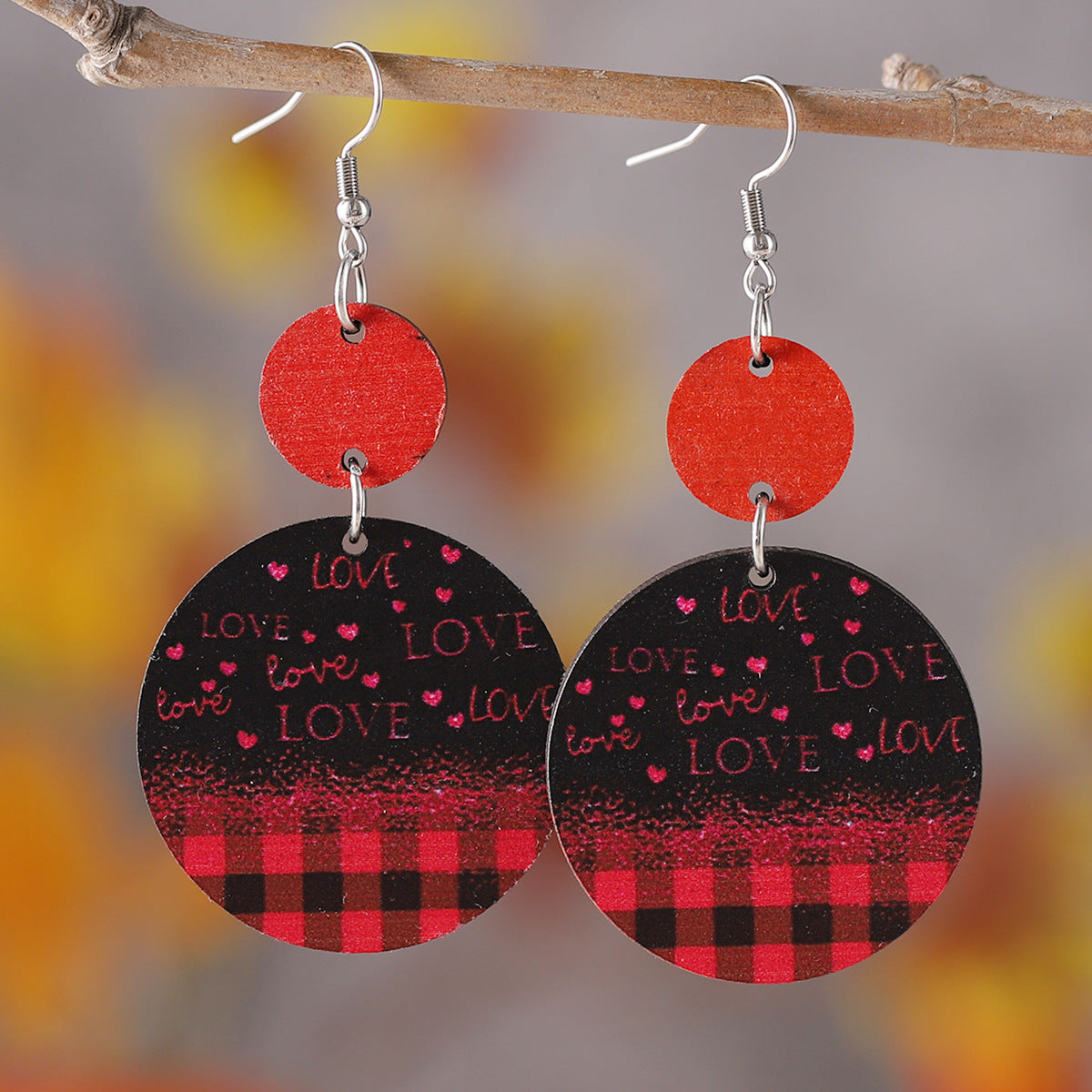 Wholesale Wooden heart-shaped round earrings