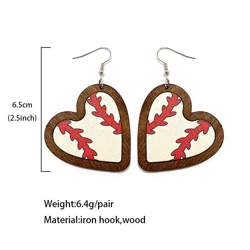 Wholesale Wooden Heart Shaped Sports Ball Earrings Fashion Jewelry Accessory For Casual Wear