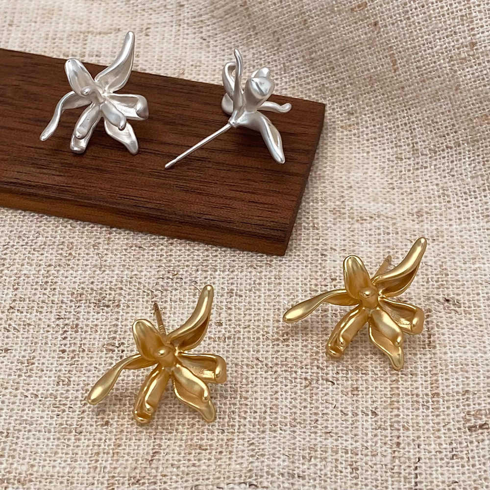 Wholesale Korean Style Irregular Matte Iris Flower Earrings - Copper Electroplated,  Boutique Resale Jewelry Accessory