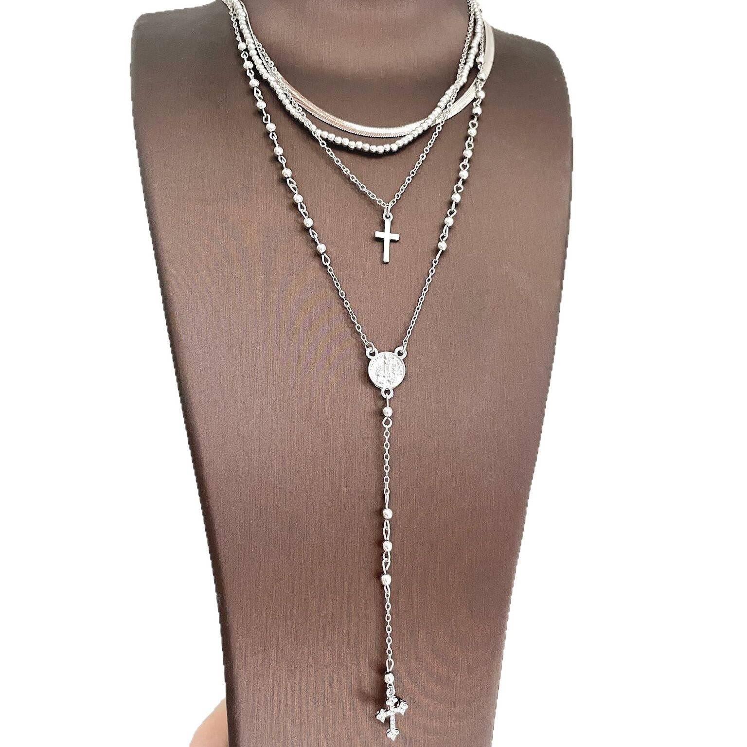 Wholesale Trendy Cross Pendant Layered Clavicle Chain Necklace Silver Tone Vintage Style Fashion Accessory For Everyday
