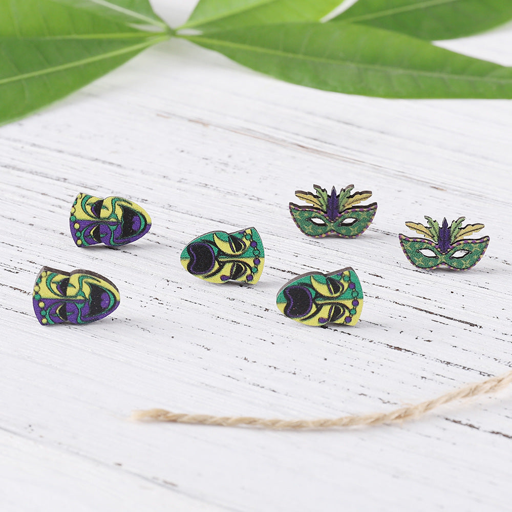 Wholesale carnival colorful clown mask wooden earrings set