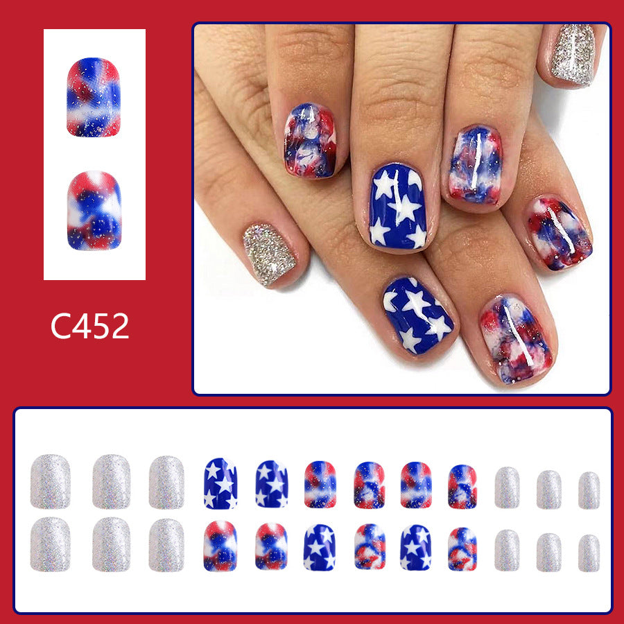 Wholesale 24 Pieces/box American Independence Day Glitter Powder Five-pointed Star Manicure Press-on Nails Kits Nail Stickers ACC-NS-GuaiXL019