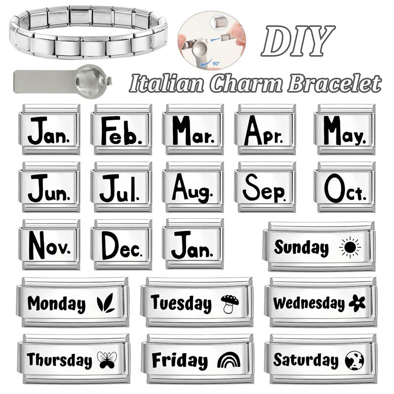 Wholesale Italian Calendar-Themed DIY Modular Bracelet Black White Stainless Steel for Jewelry Accessory Everyday Wear