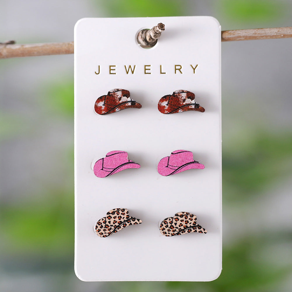 Wholesale Western style leopard print cow print turquoise pattern cowboy hat earrings set