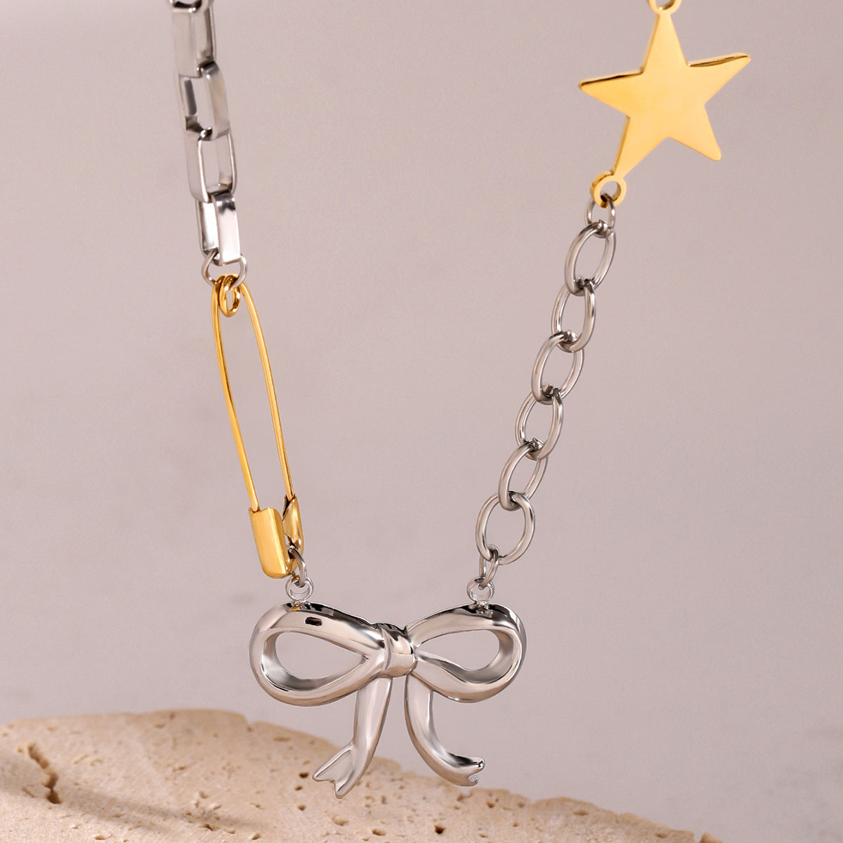 Wholesale 18k gold stainless steel gold and silver color matching chain bow chain
