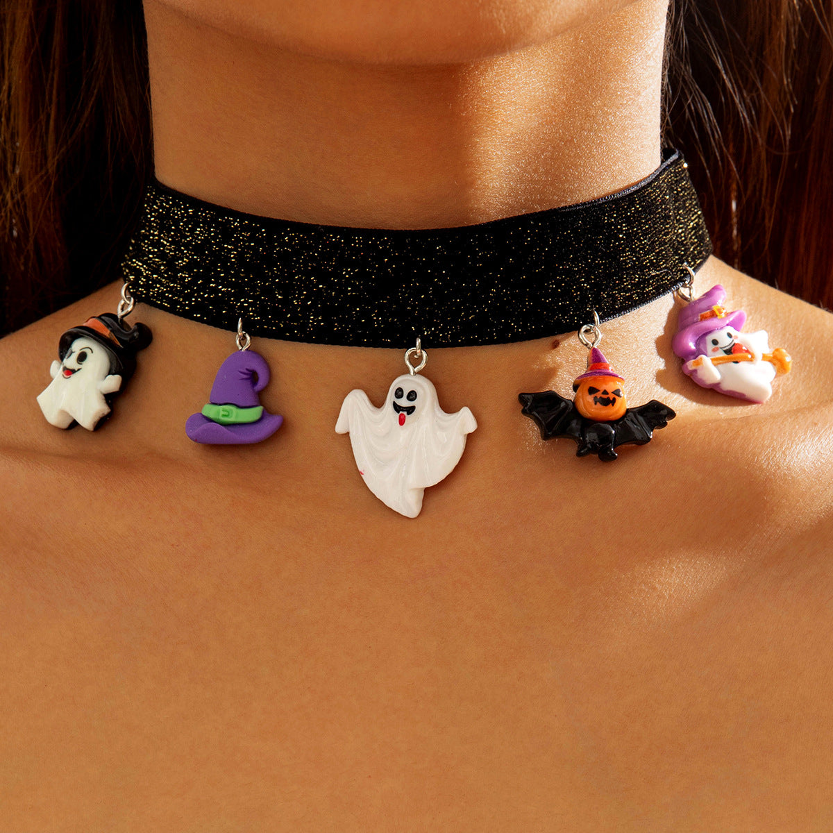 Wholesale Leather patchwork oil drip ghost  clavicle necklace
